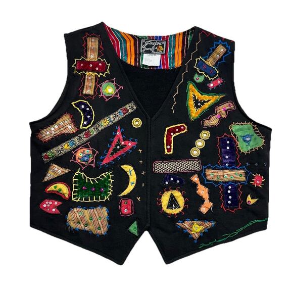 Joujou Jackets & Blazers - Jou Jou Vintage Womens Vest Patchwork Embroidered Folklore Black